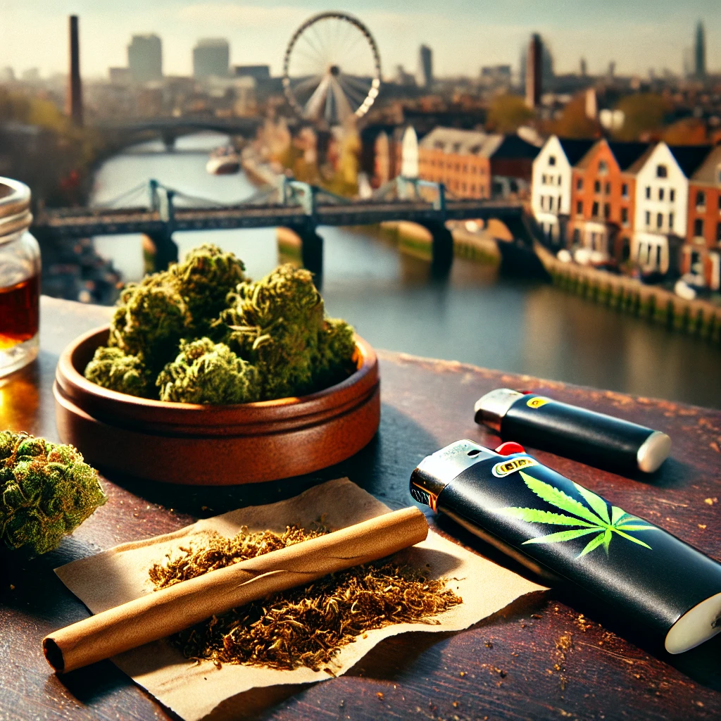 Cuzzies - A relaxed scene of a blunt resting on a table, with a tobacco leaf wrapper next to it. There should be cannabis buds and a lighter in the scene. In