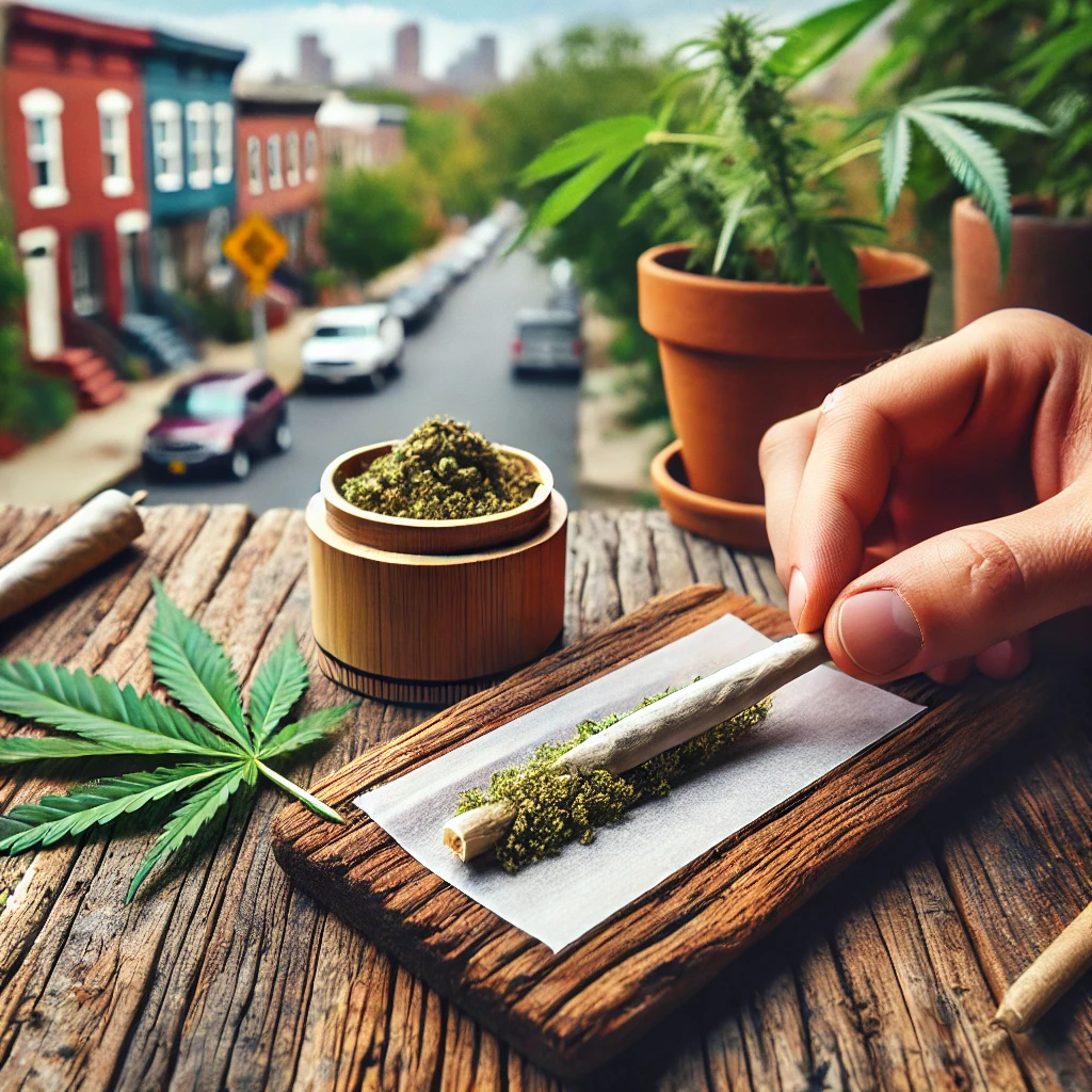 Cuzzies - A close-up image of a joint being rolled on a rustic wooden table, with natural hemp paper and cannabis leaves nearby. The setting is casual and relax